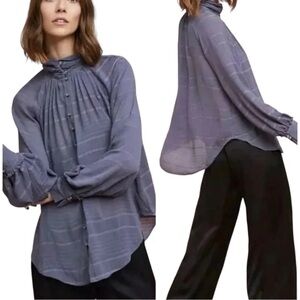Feather Bone by Anthropologie Blue Blouse with Rhinestone Buttons size Small
